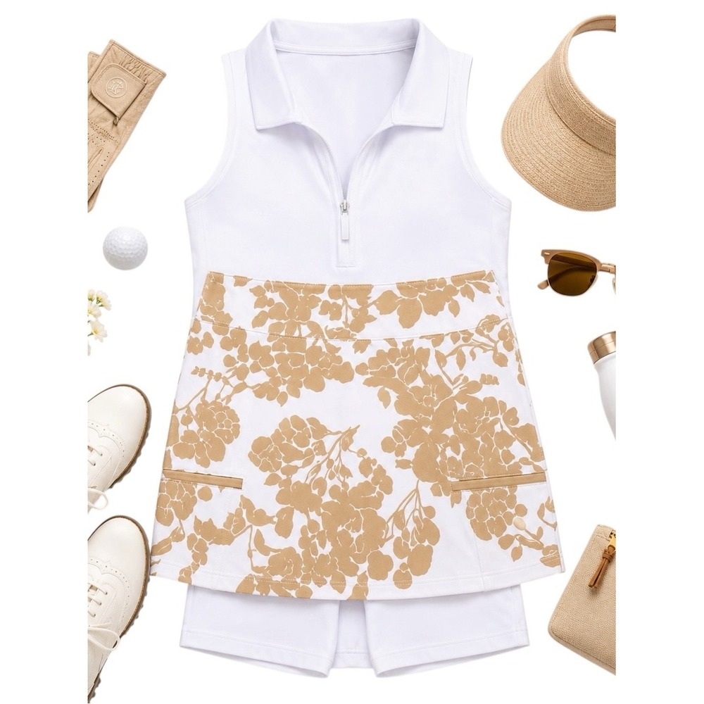 Golftini Grace Floral Golf Skort White Tan Stretch Performance Size 4 NWOT